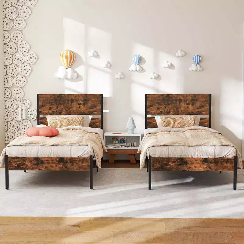 Twin/Full/Queen/King Size Industrial Platform Bed Frame with Wooden Headboard and Under-Bed Storage, No Box Spring Needed