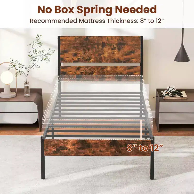 Twin/Full/Queen/King Size Industrial Platform Bed Frame with Wooden Headboard and Under-Bed Storage, No Box Spring Needed