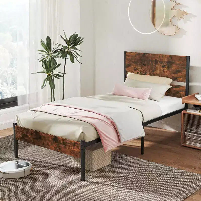 Twin/Full/Queen/King Size Industrial Platform Bed Frame with Wooden Headboard and Under-Bed Storage, No Box Spring Needed