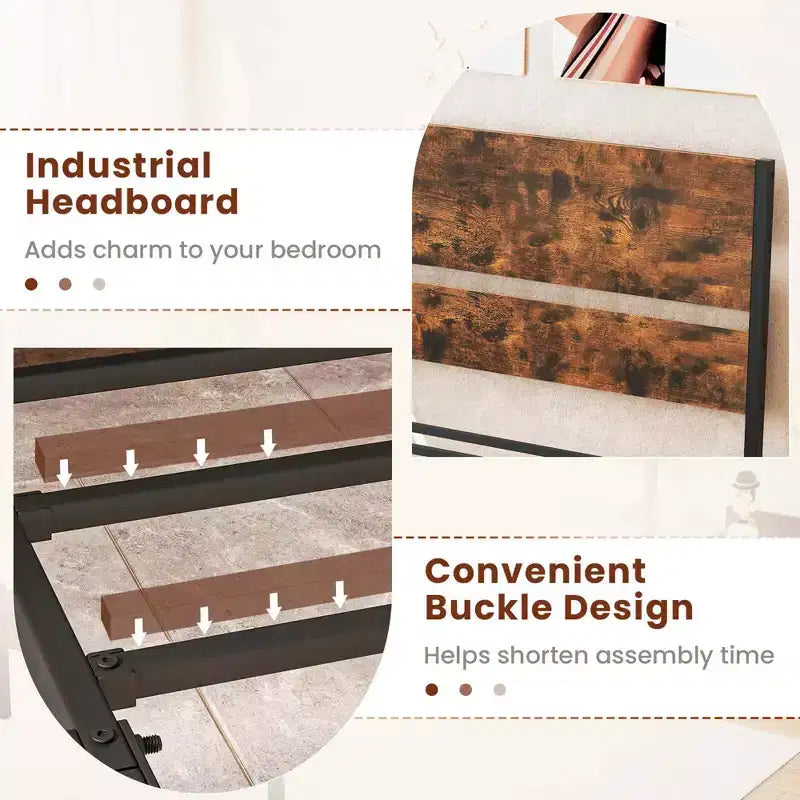 Twin/Full/Queen/King Size Industrial Platform Bed Frame with Wooden Headboard and Under-Bed Storage, No Box Spring Needed