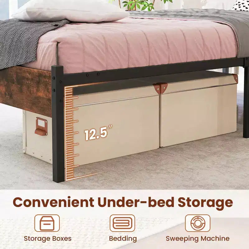 Twin/Full/Queen/King Size Industrial Platform Bed Frame with Wooden Headboard and Under-Bed Storage, No Box Spring Needed