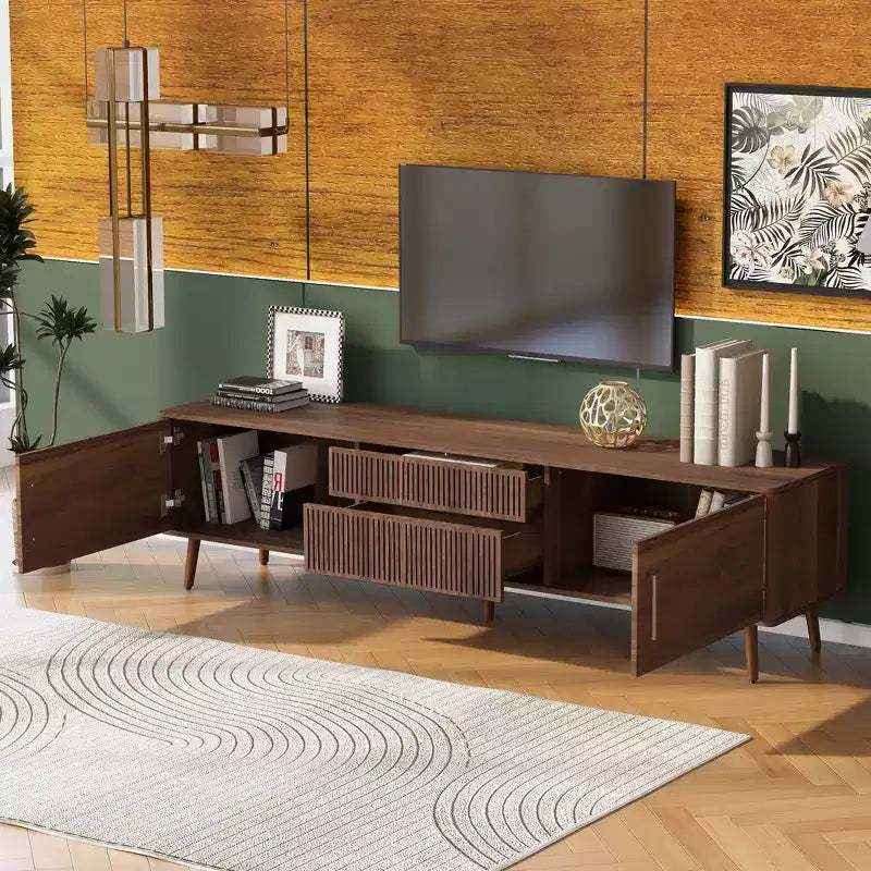 Mid Century TV Stand with 2 Drawers, Media Console Table for TVs up to 80'', Entertainment Center with Storage, Walnut - ModernLuxe