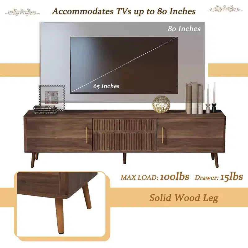 Mid Century TV Stand with 2 Drawers, Media Console Table for TVs up to 80'', Entertainment Center with Storage, Walnut - ModernLuxe