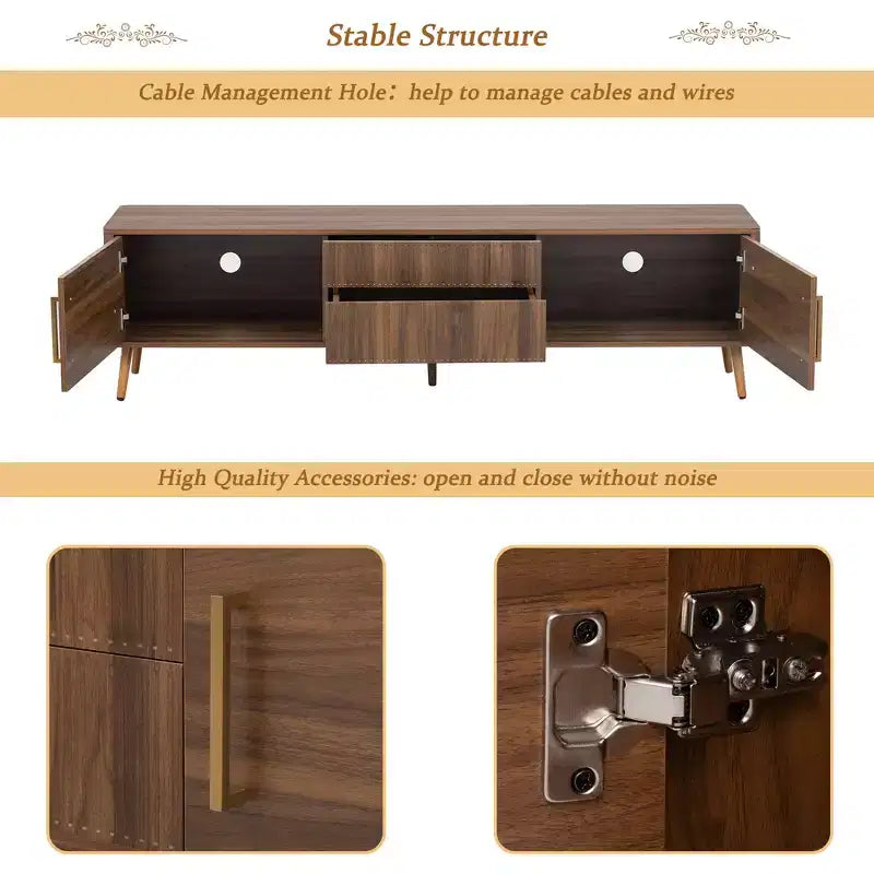 Mid Century TV Stand with 2 Drawers, Media Console Table for TVs up to 80'', Entertainment Center with Storage, Walnut - ModernLuxe