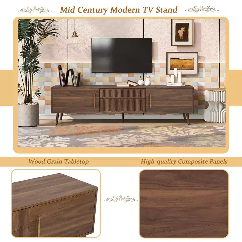 Mid Century TV Stand with 2 Drawers, Media Console Table for TVs up to 80'', Entertainment Center with Storage, Walnut - ModernLuxe