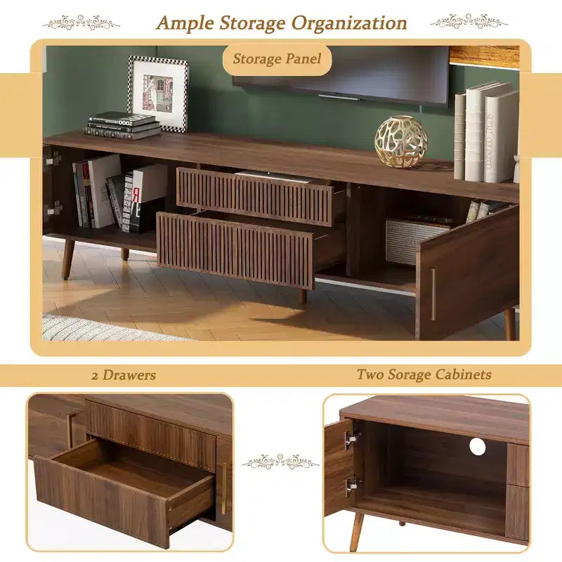 Mid Century TV Stand with 2 Drawers, Media Console Table for TVs up to 80'', Entertainment Center with Storage, Walnut - ModernLuxe