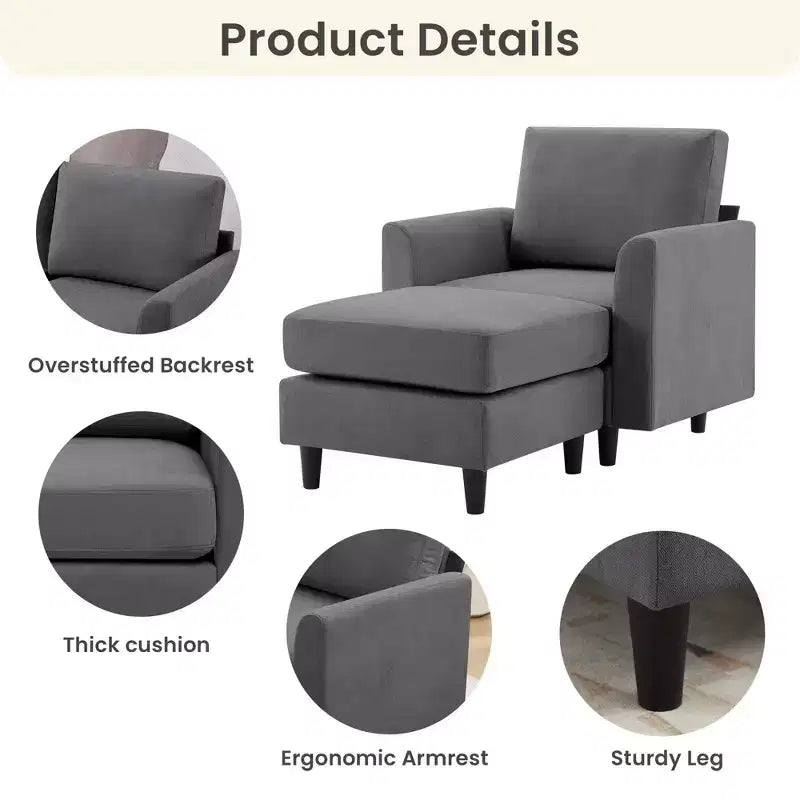 Modern Comfort Accent Chair with Ottoman, Living Room Bedroom Leisure Reading Corner