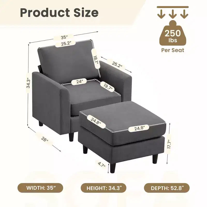 Modern Comfort Accent Chair with Ottoman, Living Room Bedroom Leisure Reading Corner