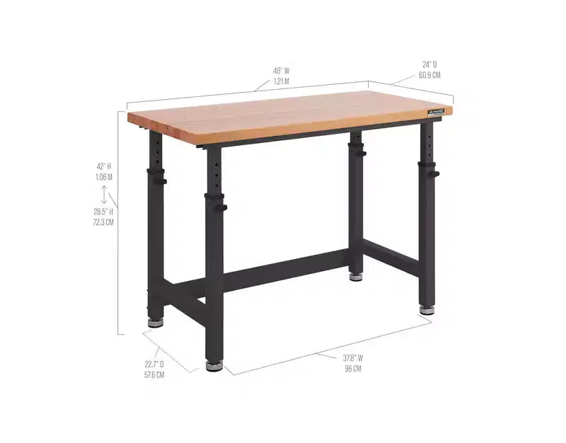 Heavy Duty Height Adjustable Workbench Table Wood Top, 48 W x 24 D x 28 to 42 H