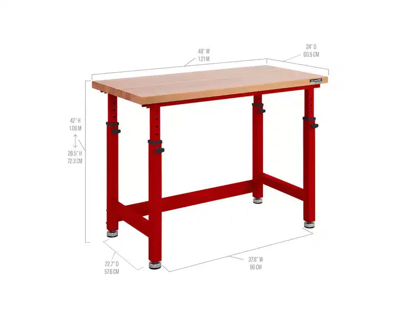 Heavy Duty Height Adjustable Workbench Table Wood Top, 48 W x 24 D x 28 to 42 H