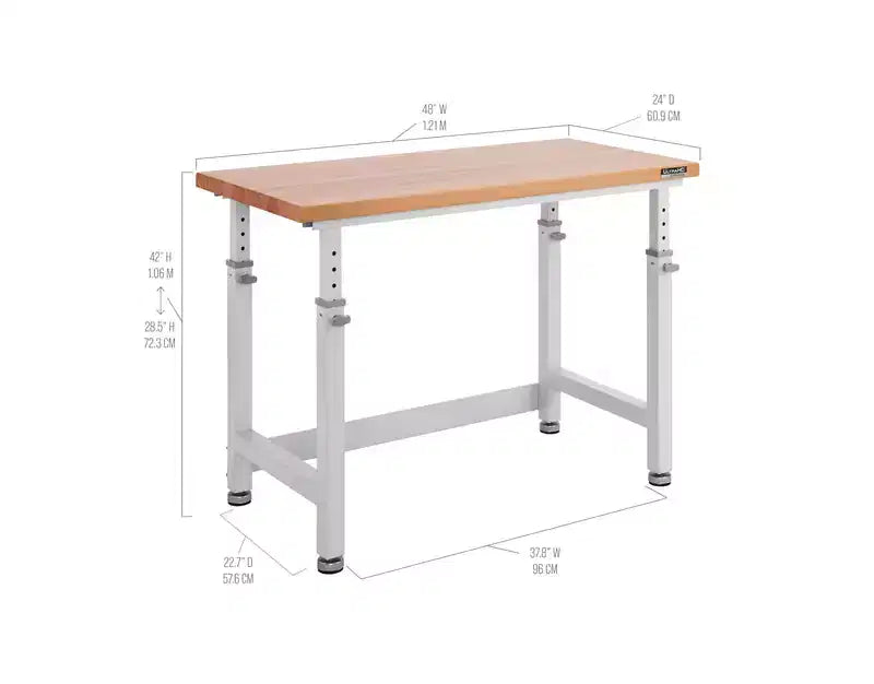 Heavy Duty Height Adjustable Workbench Table Wood Top, 48 W x 24 D x 28 to 42 H
