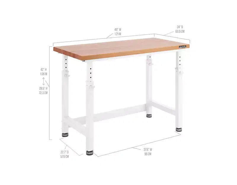 Heavy Duty Height Adjustable Workbench Table Wood Top, 48 W x 24 D x 28 to 42 H