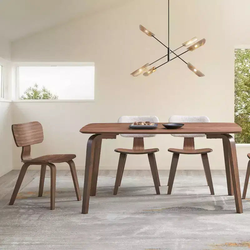 Modern 59 Wood Dining Table, Walnut Finish with Curved Bent Wood Legs