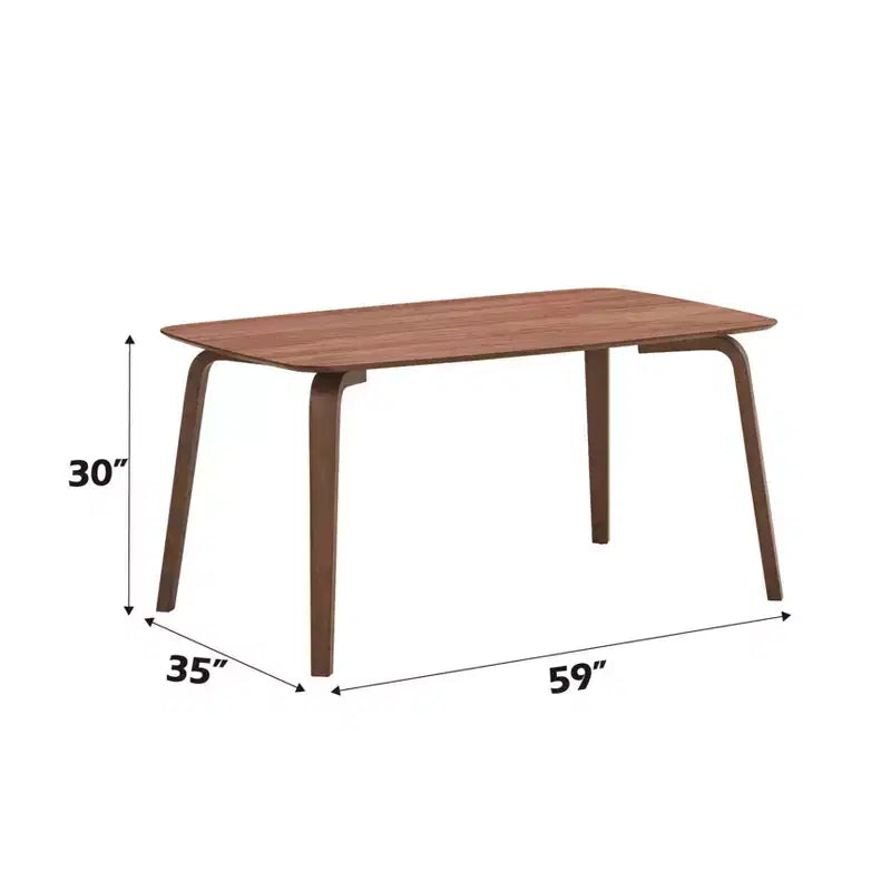 Modern 59 Wood Dining Table, Walnut Finish with Curved Bent Wood Legs