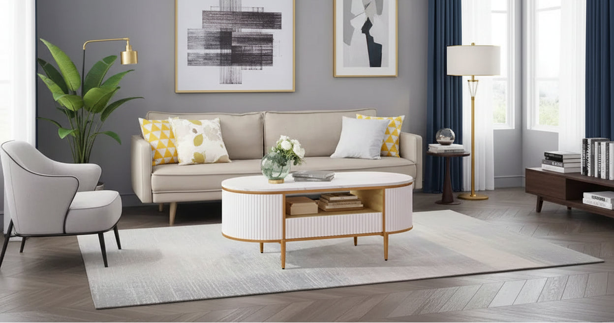 Modern Luxury Fluted Coffee Table, 48 Coffee Table with Storage Drawer, Oval Coffee Table with Golden Legs, Faux Marble Top