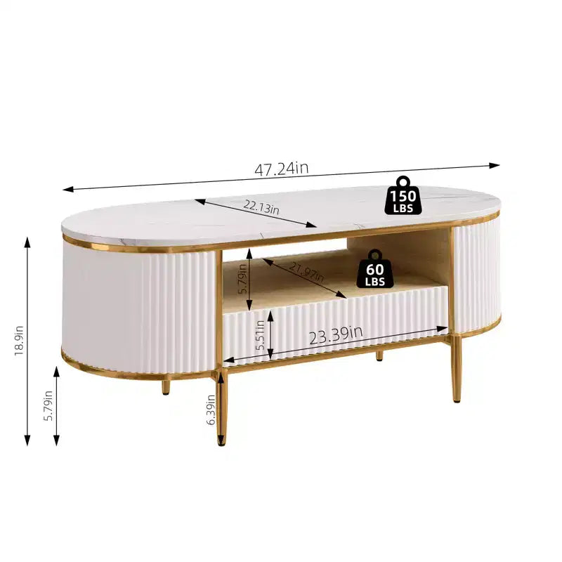 Modern Luxury Fluted Coffee Table, 48 Coffee Table with Storage Drawer, Oval Coffee Table with Golden Legs, Faux Marble Top