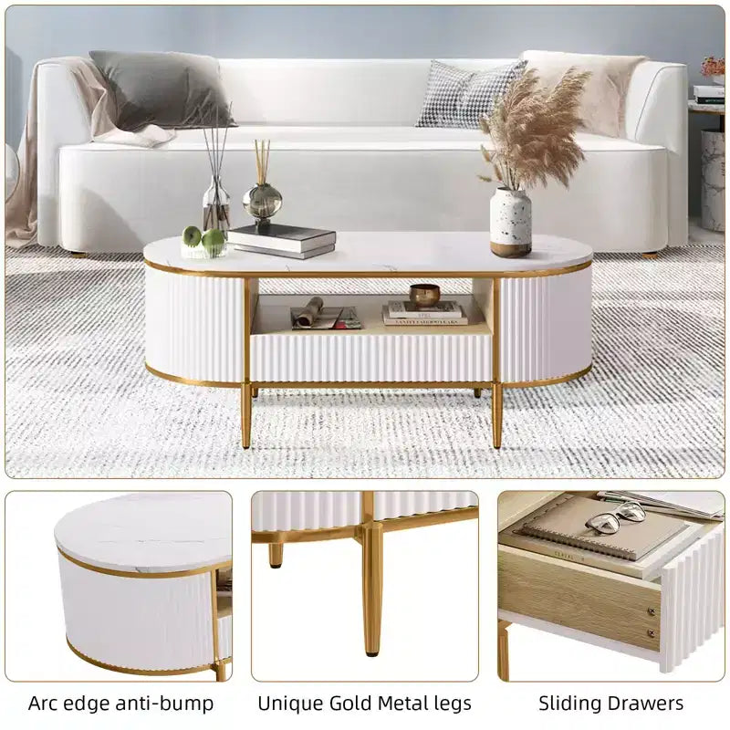 Modern Luxury Fluted Coffee Table, 48 Coffee Table with Storage Drawer, Oval Coffee Table with Golden Legs, Faux Marble Top