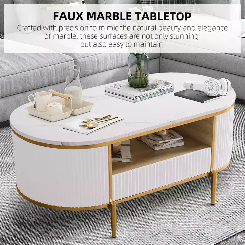 Modern Luxury Fluted Coffee Table, 48 Coffee Table with Storage Drawer, Oval Coffee Table with Golden Legs, Faux Marble Top