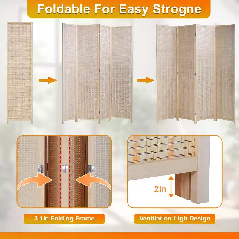 4/6 Panel Room Divider 6 Ft Tall Bamboo Portable Privacy Screen