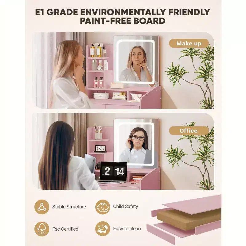 Vanity Desk Set with Square Mirror and Light- Small Vanity Tale with Chiar