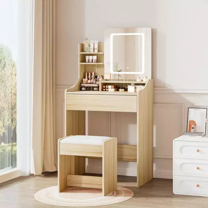 Vanity Desk Set with Square Mirror and Light- Small Vanity Tale with Chiar