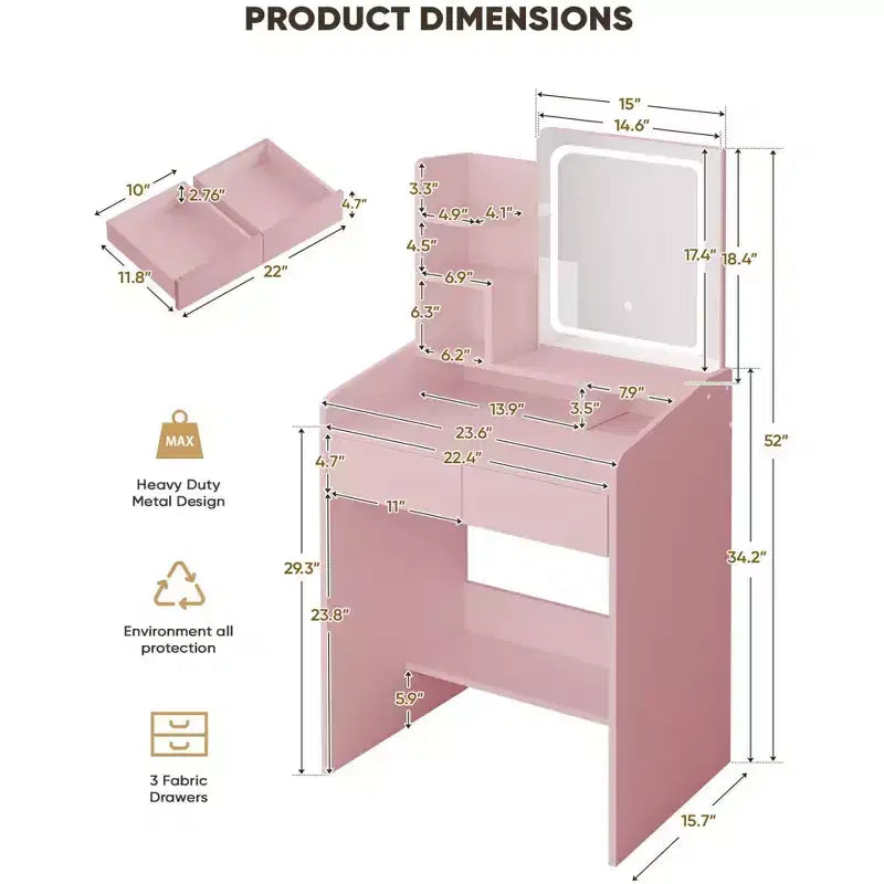 Vanity Desk Set with Square Mirror and Light- Small Vanity Tale with Chiar