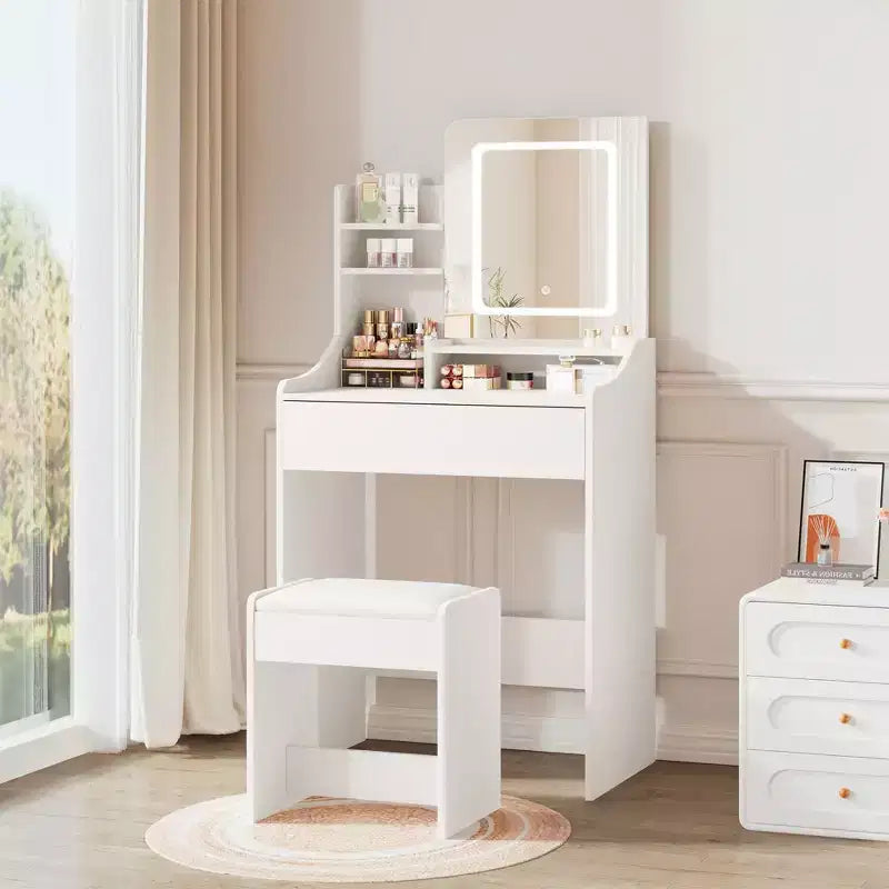 Vanity Desk Set with Square Mirror and Light- Small Vanity Tale with Chiar