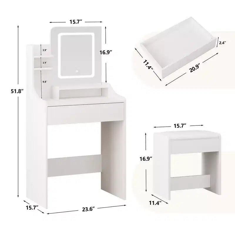 Vanity Desk Set with Square Mirror and Light- Small Vanity Tale with Chiar