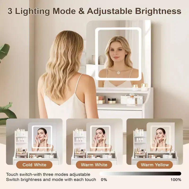 Vanity Desk Set with Square Mirror and Light- Small Vanity Tale with Chiar