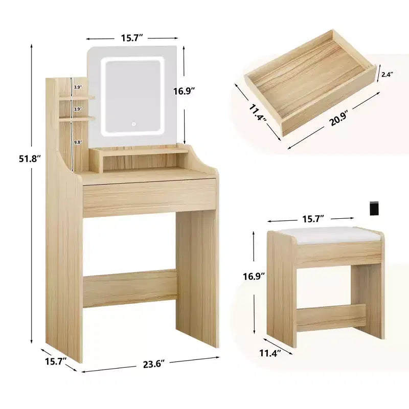 Vanity Desk Set with Square Mirror and Light- Small Vanity Tale with Chiar