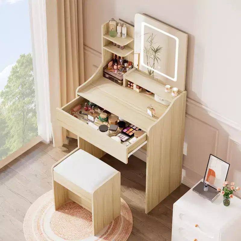 Vanity Desk Set with Square Mirror and Light- Small Vanity Tale with Chiar