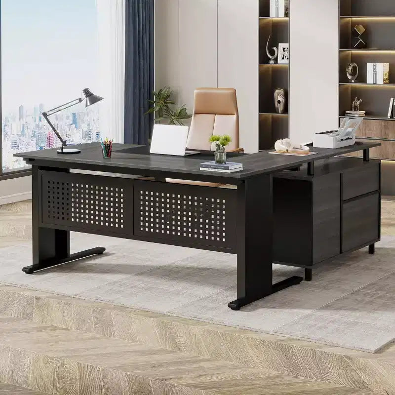 62.99 Inch Executive Desk with File Cabinet, Large L-Shaped Computer Desk with Storage Shelves