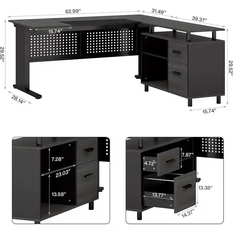 62.99 Inch Executive Desk with File Cabinet, Large L-Shaped Computer Desk with Storage Shelves