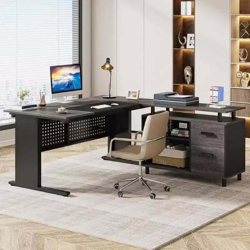 62.99 Inch Executive Desk with File Cabinet, Large L-Shaped Computer Desk with Storage Shelves