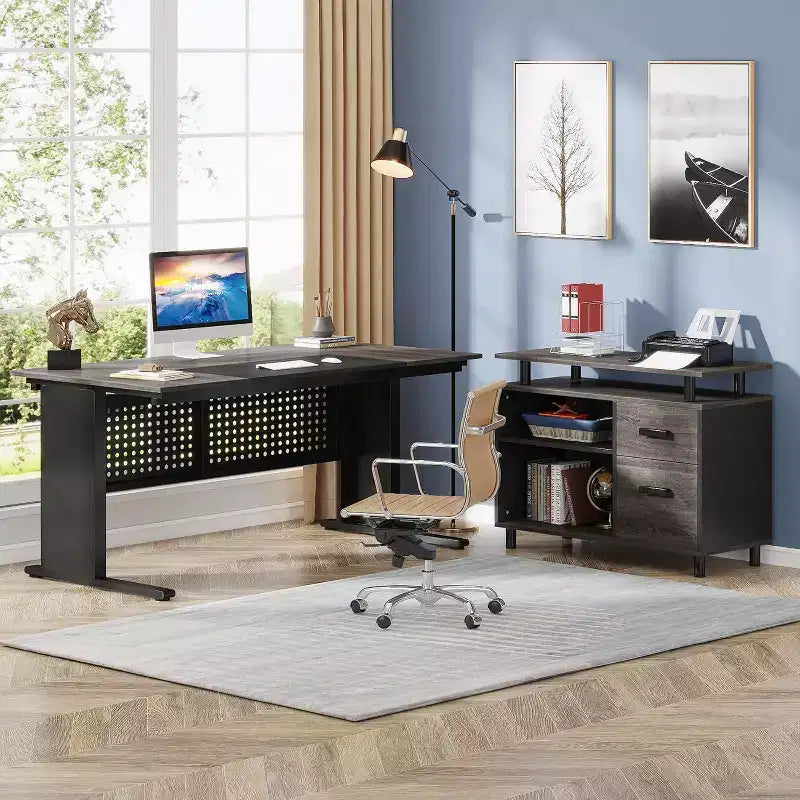 62.99 Inch Executive Desk with File Cabinet, Large L-Shaped Computer Desk with Storage Shelves