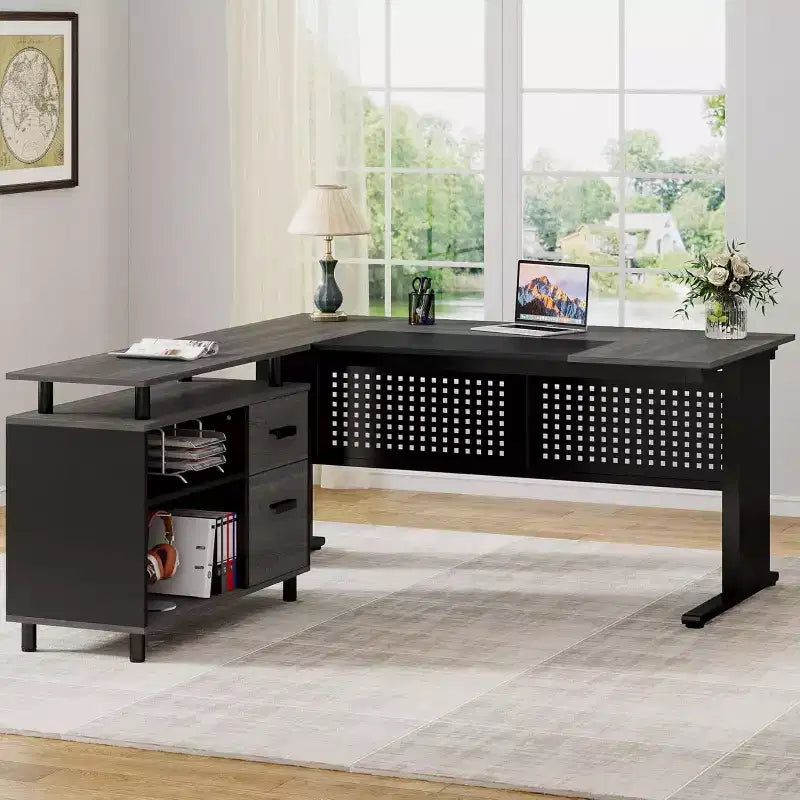 62.99 Inch Executive Desk with File Cabinet, Large L-Shaped Computer Desk with Storage Shelves