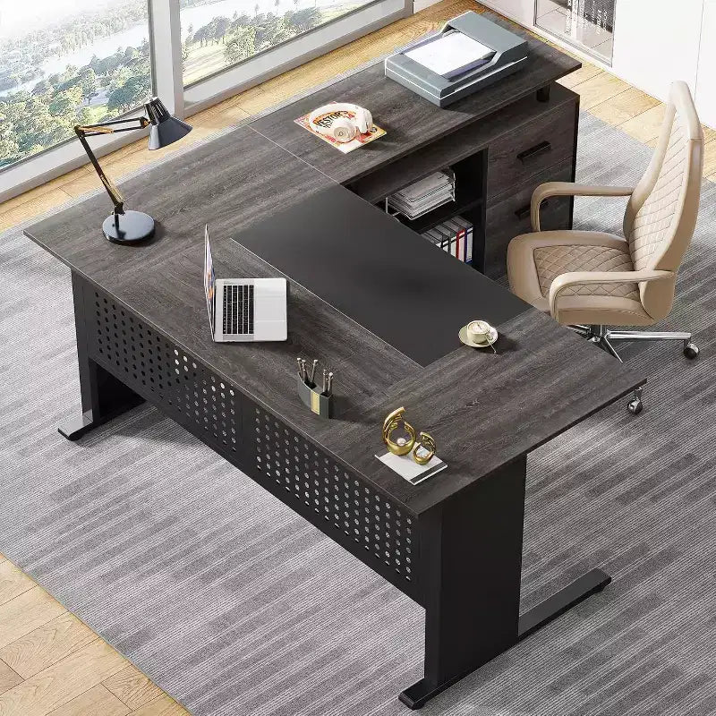 62.99 Inch Executive Desk with File Cabinet, Large L-Shaped Computer Desk with Storage Shelves