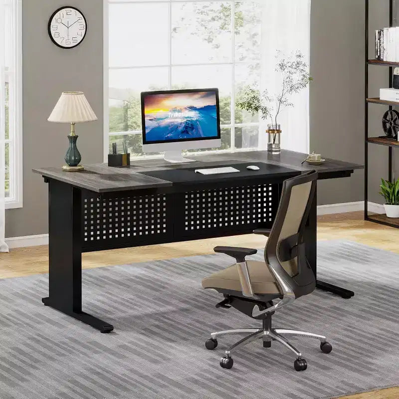 62.99 Inch Executive Desk with File Cabinet, Large L-Shaped Computer Desk with Storage Shelves