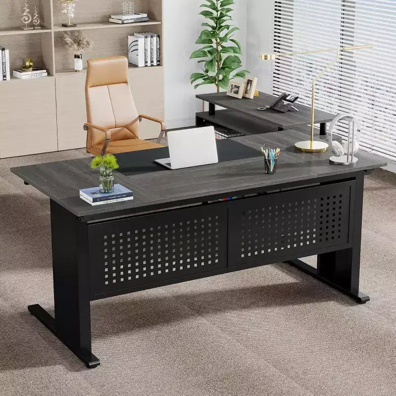 62.99 Inch Executive Desk with File Cabinet, Large L-Shaped Computer Desk with Storage Shelves