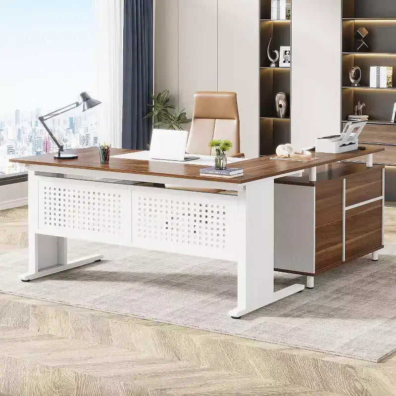 62.99 Inch Executive Desk with File Cabinet, Large L-Shaped Computer Desk with Storage Shelves