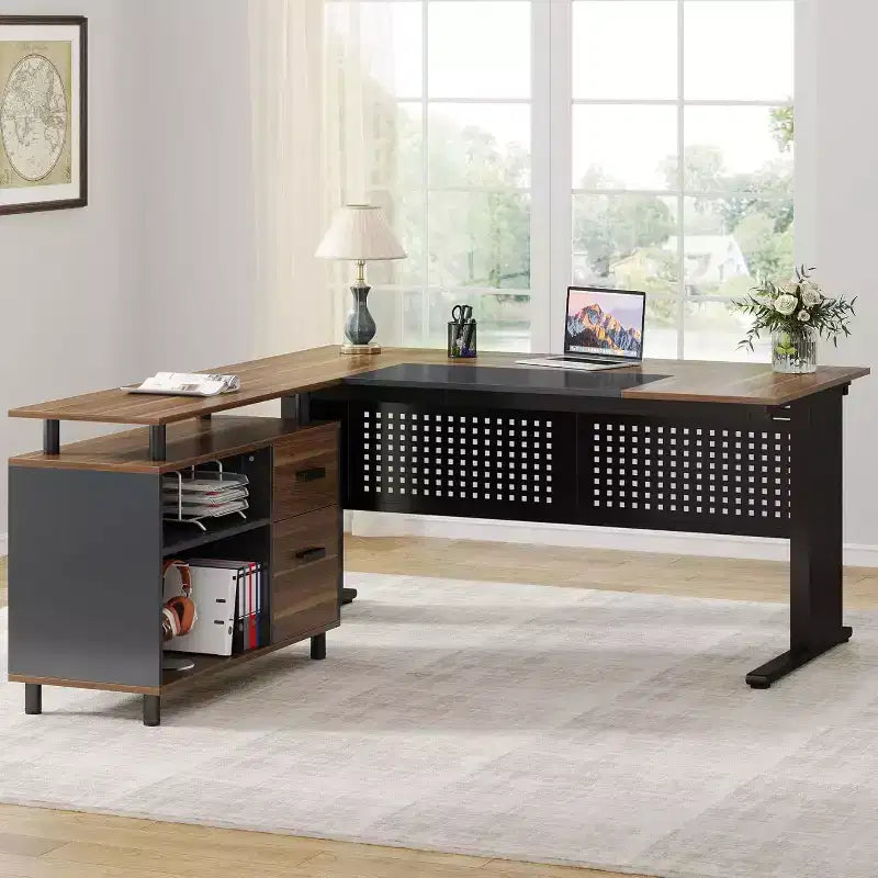 62.99 Inch Executive Desk with File Cabinet, Large L-Shaped Computer Desk with Storage Shelves