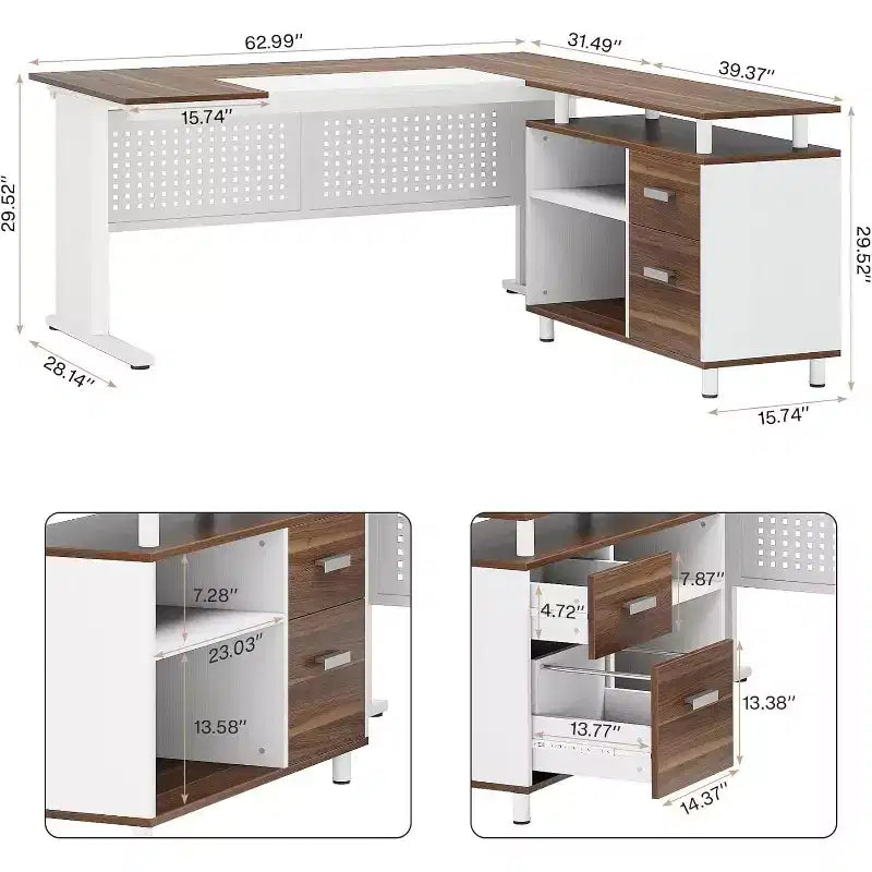 62.99 Inch Executive Desk with File Cabinet, Large L-Shaped Computer Desk with Storage Shelves