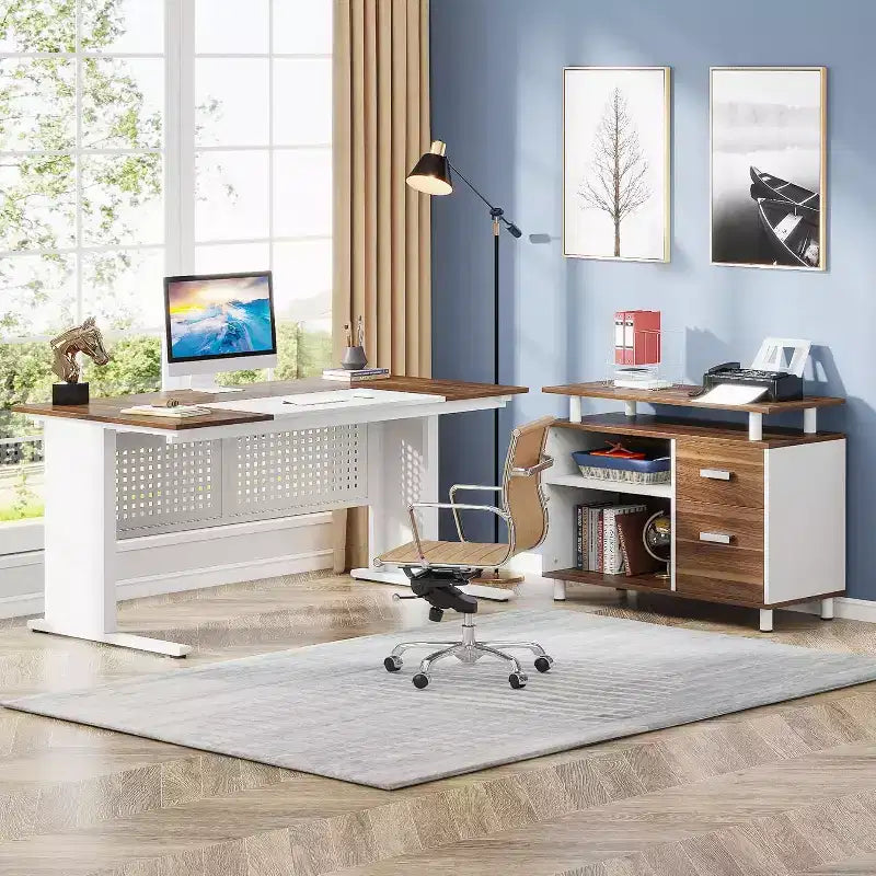 62.99 Inch Executive Desk with File Cabinet, Large L-Shaped Computer Desk with Storage Shelves