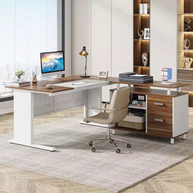 62.99 Inch Executive Desk with File Cabinet, Large L-Shaped Computer Desk with Storage Shelves