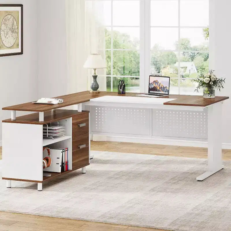 62.99 Inch Executive Desk with File Cabinet, Large L-Shaped Computer Desk with Storage Shelves