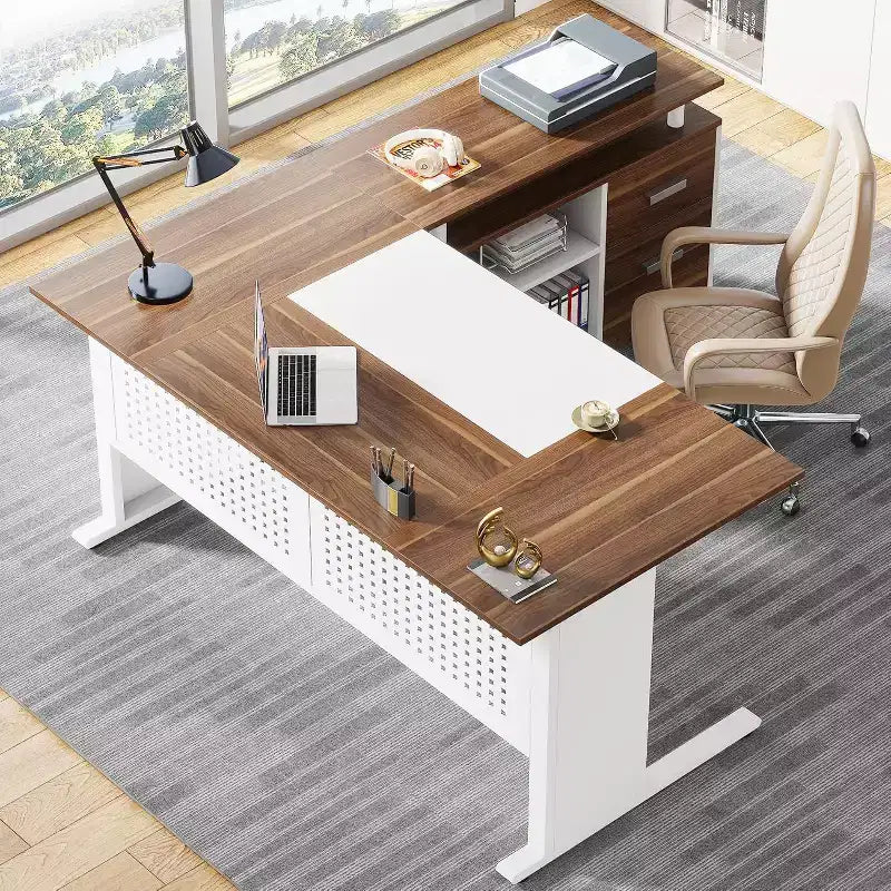 62.99 Inch Executive Desk with File Cabinet, Large L-Shaped Computer Desk with Storage Shelves