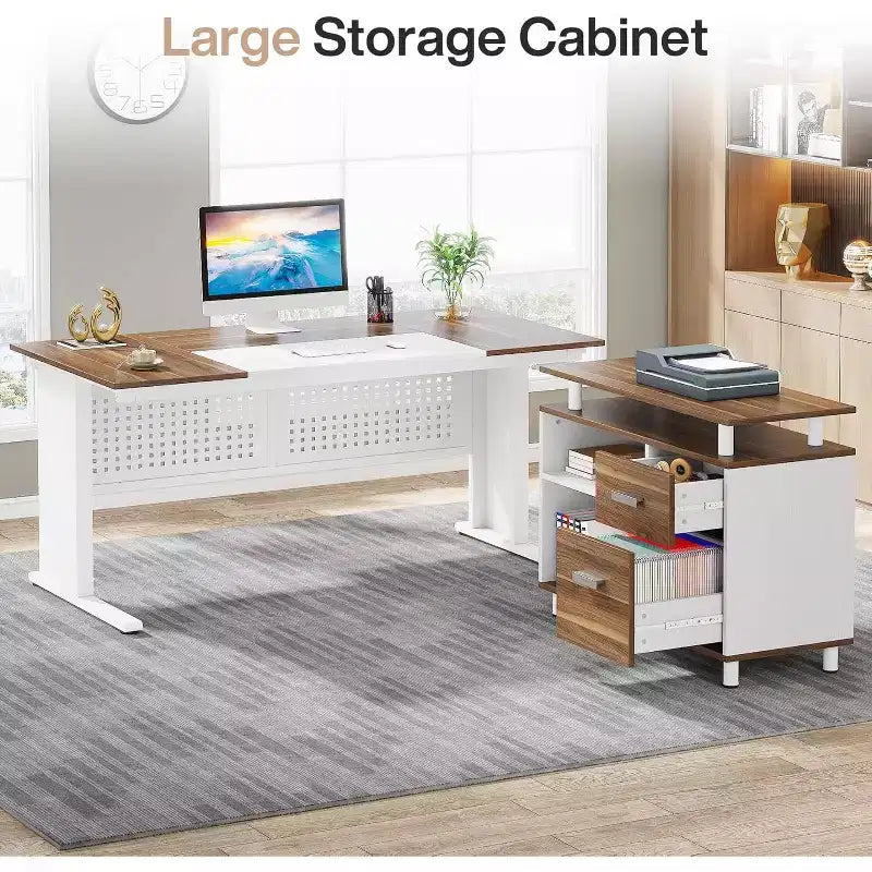 62.99 Inch Executive Desk with File Cabinet, Large L-Shaped Computer Desk with Storage Shelves
