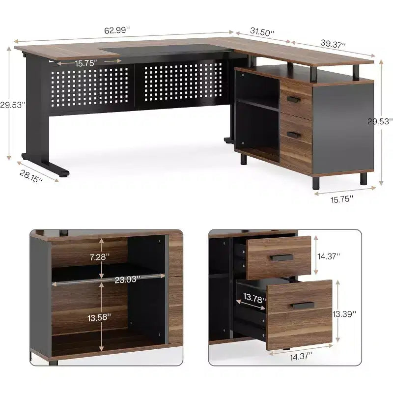 62.99 Inch Executive Desk with File Cabinet, Large L-Shaped Computer Desk with Storage Shelves