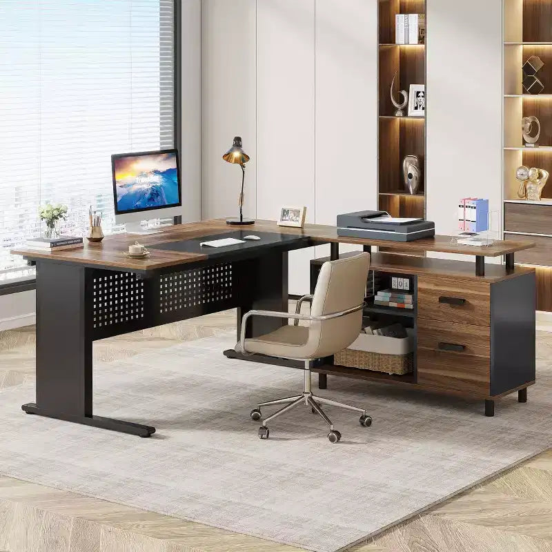 62.99 Inch Executive Desk with File Cabinet, Large L-Shaped Computer Desk with Storage Shelves