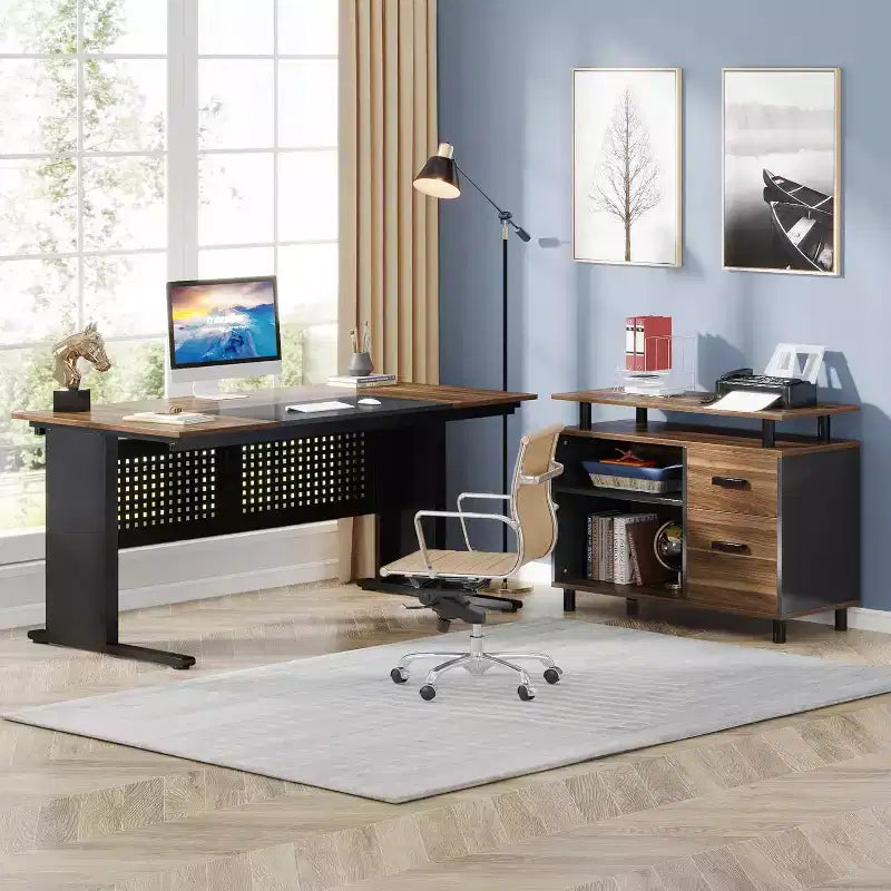 62.99 Inch Executive Desk with File Cabinet, Large L-Shaped Computer Desk with Storage Shelves